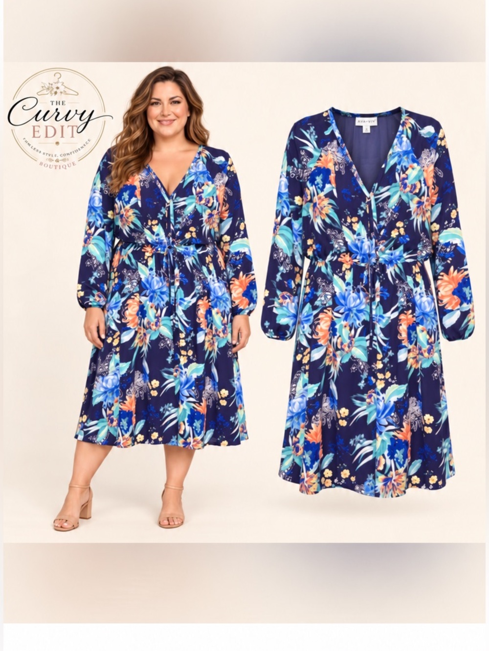 Ava & Viv 1X Navy Bold Floral Midi Dress Elevated Boho
